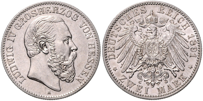HESSEN, Ludwig IV., 1877-1892, 2 Mark 1891 A.
 Erstabschlag
J.70