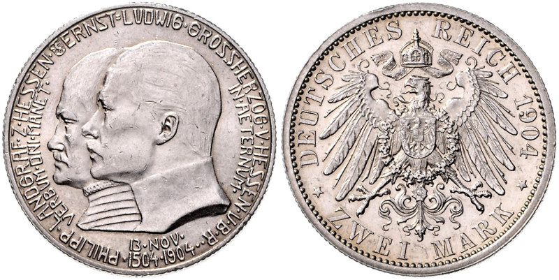 HESSEN, Ernst Ludwig, 1892-1918, 2 Mark 1904. 400.Geburtstag Philipps des Großmü...