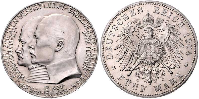 HESSEN, Ernst Ludwig, 1892-1918, 5 Mark 1904. 400.Geburtstag Philipps des Großmü...