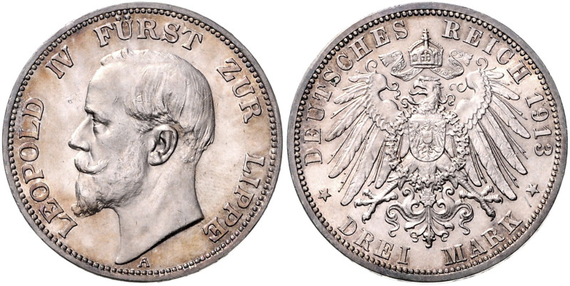 LIPPE, Leopold IV., 1904-1918, 3 Mark 1913 A.
 st
J.79