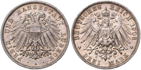 LÜBECK, Freie und Hansestadt, 3 Mark 1908 A. 33mm; 16,64g; 12h.
 vz-st
J.82