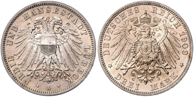 LÜBECK, Freie und Hansestadt, 3 Mark 1909 A.
 vz
J.82