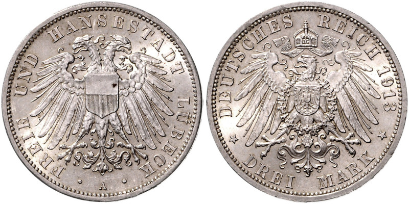 LÜBECK, Freie und Hansestadt, 3 Mark 1913 A.
 kl.Rdf., vz
J.82