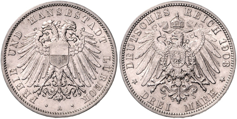 LÜBECK, Freie und Hansestadt, 3 Mark 1908 A.
 st
J.82