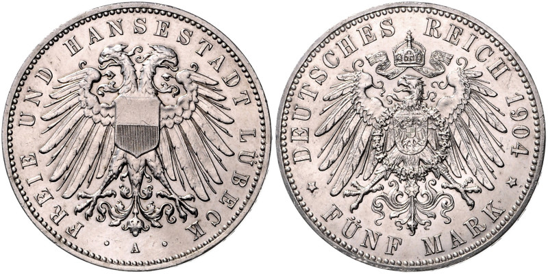 LÜBECK, Freie und Hansestadt, 5 Mark 1904 A.
 gereinigt, vz+
J.83