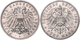 LÜBECK, Freie und Hansestadt, 5 Mark 1904 A.
 gereinigt, vz+
J.83