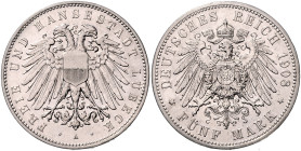 LÜBECK, Freie und Hansestadt, 5 Mark 1908 A.
 vz/st
J.83