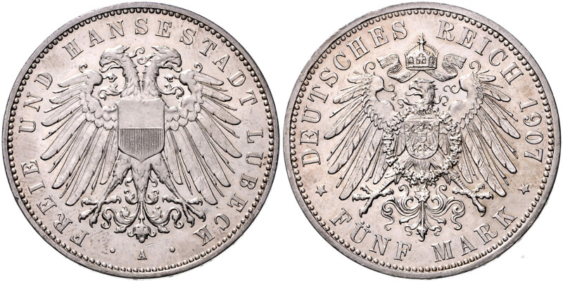 LÜBECK, Freie und Hansestadt, 5 Mark 1907 A.
 f.st
J.83