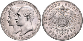 MECKLENBURG-SCHWERIN, Friedrich Franz IV., 1897-1918, 5 Mark 1904 A. Hochzeit mit Alexandra. 38mm; 27,80g; 12h.
 vz/f.st
J.87