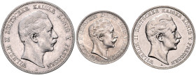 PREUSSEN, Wilhelm II., 1888-1918, 2 Mark 1905 A (f.st; 28,5mm; 11,13g; 12h). DAZU: 3 Mark 1910 A (f.st; 33mm; 16,65g, 12h). 5 Mark 1904 A (ss; 28,5mm;...