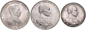 PREUSSEN, Wilhelm II., 1888-1918, 2 Mark 1913. Regierungsjubiläum (28mm; 11,13g; 12h); 3 Mark 1913 (33mm; 16,67g 12h); 3 Mark 1914 A (33mm; 16,65g; 12...