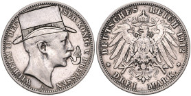 PREUSSEN, Wilhelm II., 1888-1918, 3 Mark 1912 A. Mit aufgesetztem Hut.
 ss
zu J.103; Vgl.; Zetzm.Typ 11