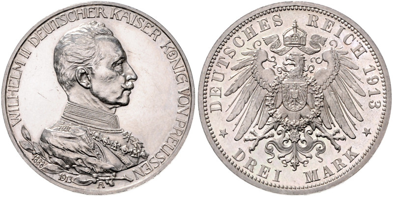 PREUSSEN, Wilhelm II., 1888-1918, 3 Mark 1913 A. 25-jähr. Reg.-Jub..
 leicht be...
