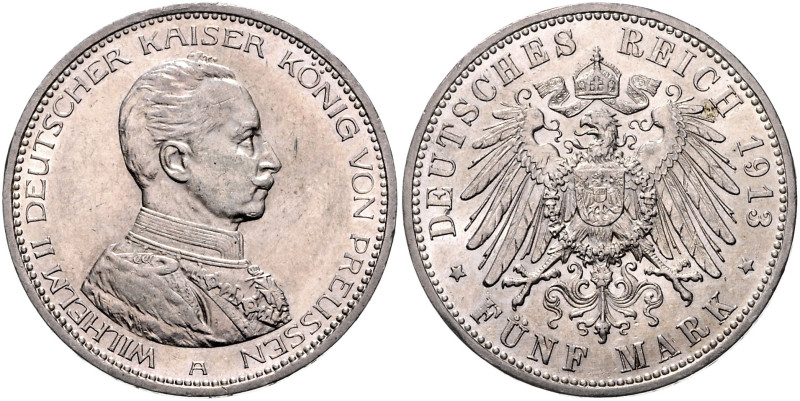 PREUSSEN, Wilhelm II., 1888-1918, 5 Mark 1913 A. Uniform. 28,5g; 27,81g; 12h.
 ...
