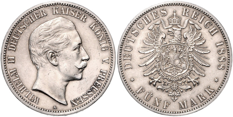PREUSSEN, Wilhelm II., 1888-1918, 5 Mark 1888 A.
 vz/st
J.101