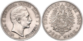 PREUSSEN, Wilhelm II., 1888-1918, 5 Mark 1888 A.
 vz/st
J.101