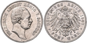 SACHSEN, Friedrich August III., 1904-1918, 5 Mark 1907 E.
 kl.Kr., ss-vz/vz
J.136