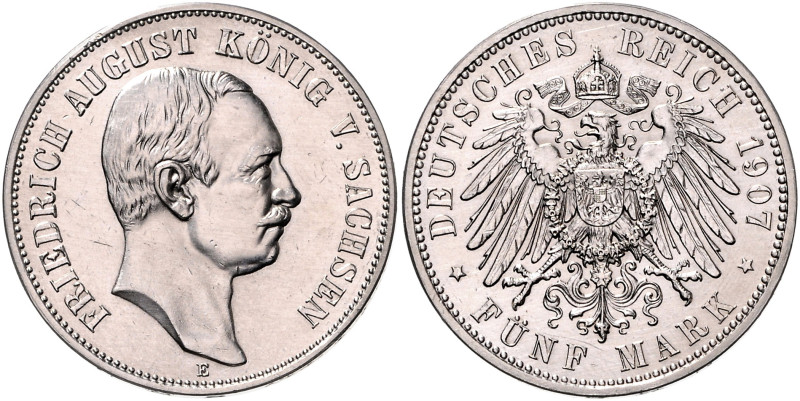 SACHSEN, Friedrich August III., 1904-1918, 5 Mark 1907 E.
 st
J.136