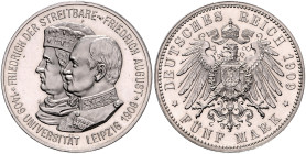 SACHSEN, Friedrich August III., 1904-1918, 5 Mark 1909. Universität Leipzig.
 Erstabschlag
J.139