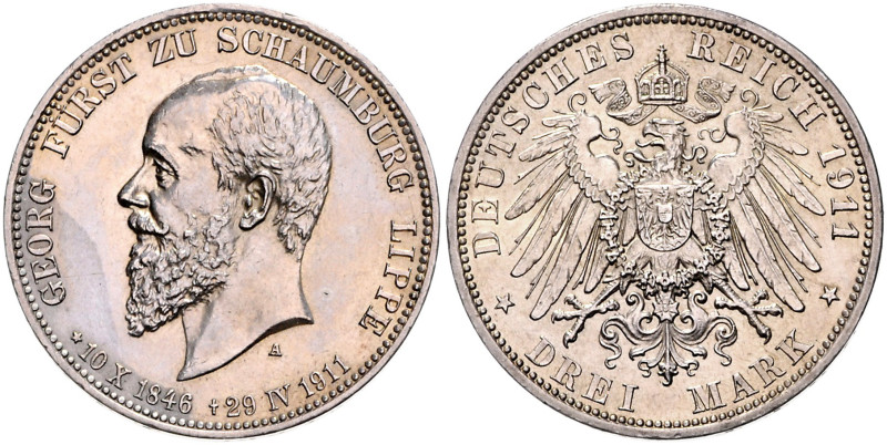 SCHAUMBURG-LIPPE, Georg, 1893-1911, 3 Mark 1911 A. Sein Tod. 33mm; 16,68g; 12h....
