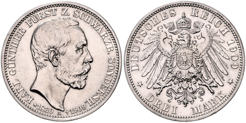 SCHWARZBURG-SONDERSHAUSEN, Karl Günther, 1880-1909, 3 Mark 1909 A. Sein Tod.
 s...