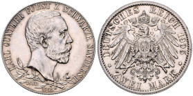 SCHWARZBURG-SONDERSHAUSEN, Karl Günther, 1880-1909, 2 Mark 1905 A. 25-jähriges Regierungsjubiläum. 28mm; 11,08g; 12h.
 f.st
J.169b