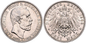 SCHWARZBURG-SONDERSHAUSEN, Karl Günther, 1880-1909, 3 Mark 1909 A. Sein Tod. 33mm; 16,66g; 12h.
 vz
J.170