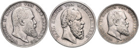 WÜRTTEMBERG, Karl, 1864-1891, 5 Mark 1876 F, 3 Mark 1911 F, 5 Mark 1907 F.
 3 Stk., ss
J.173; 175; 176