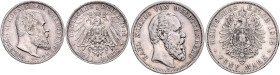 WÜRTTEMBERG, Karl, 1864-1891, 5 Mark 1875 F (38mm; 27,57g; 12h). DAZU:Wilhelm II., 1891-1918, 3 Mark 1914 F (33mm; 16,66g; 12h).
 2 Stk., ss
J.173; ...