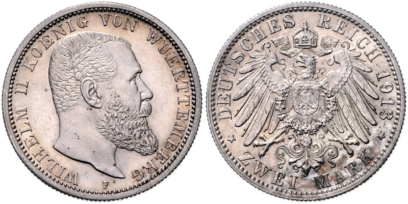 WÜRTTEMBERG, Wilhelm II., 1891-1918, 2 Mark 1913 F.
 f.st
J.174