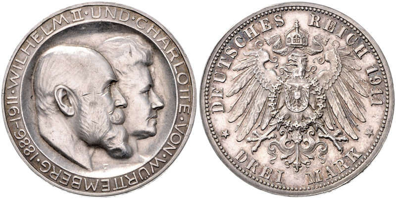 WÜRTTEMBERG, Wilhelm II., 1891-1918, 3 Mark 1911 F. Silberhochzeit mit Charlotte...