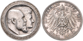 WÜRTTEMBERG, Wilhelm II., 1891-1918, 3 Mark 1911 F. Silberhochzeit mit Charlotte.
Ware ist regelbesteuert
standard taxation
vz/st
J.177b