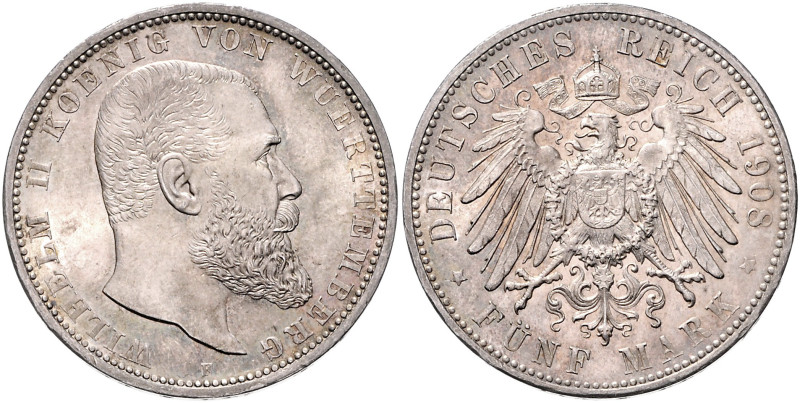 WÜRTTEMBERG, Wilhelm II., 1891-1918, 5 Mark 1908 F.
 st
J.176