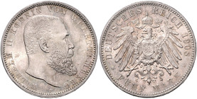 WÜRTTEMBERG, Wilhelm II., 1891-1918, 5 Mark 1908 F.
 st
J.176