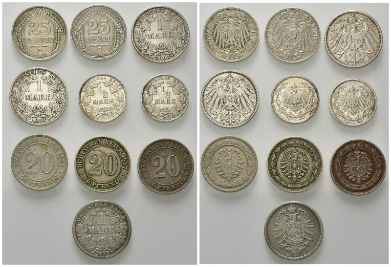 KLEINMÜNZEN, Lot: 20 Pfennig 1887 A (2x), 1888 A, 1 Mark 1875 A (s), 1/2 Mark 19...