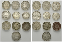 KLEINMÜNZEN, Lot: 20 Pfennig 1887 A (2x), 1888 A, 1 Mark 1875 A (s), 1/2 Mark 1905 A, 1916 A (st), 1 Mark 1900 A, 1903 G, 25 Pf. 1909 A, 1910 J.
 10 ...