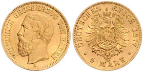 BADEN, Friedrich I., 1852-1907, 5 Mark 1877 G.
 f.st
J.185