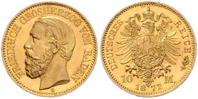 BADEN, Friedrich I., 1852-1907, 10 Mark 1872 G.
 Prachtex., st
J.183