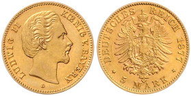 BAYERN, Ludwig II., 1864-1886, 5 Mark 1877 D.
 st
J.195