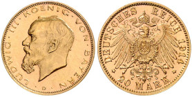 BAYERN, Ludwig III., 1913-1918, 20 Mark 1914 D.
 st
J.202