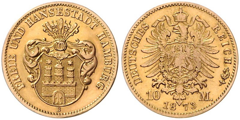 HAMBURG, Freie und Hansestadt, 10 Mark 1873.
 vz+
J.206