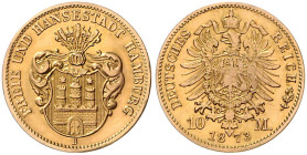 HAMBURG, Freie und Hansestadt, 10 Mark 1873.
 vz+
J.206