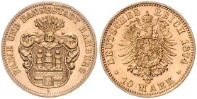 HAMBURG, Freie und Hansestadt, 10 Mark 1874 B.
vz/st
J.207