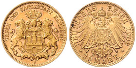 HAMBURG, Freie und Hansestadt, 10 Mark 1906 J.
Ware ist MwSt-befreit
VAT tax free
st
J.211