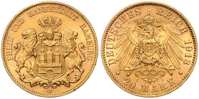 HAMBURG, Freie und Hansestadt, 20 Mark 1913 J.
Ware ist MwSt-befreit
VAT tax free
vz
J.212