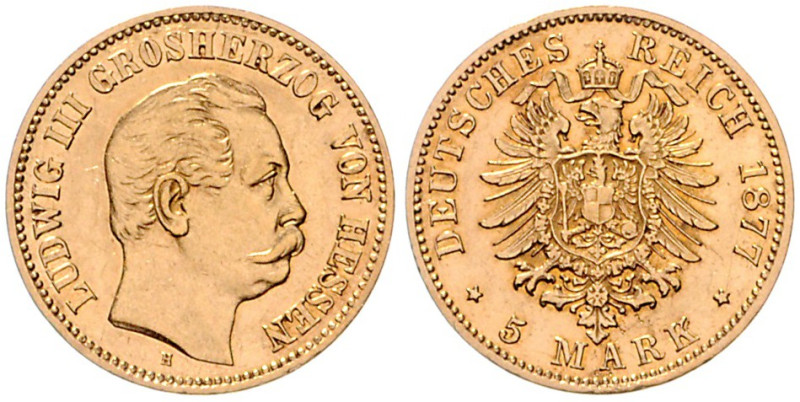 HESSEN, Ludwig III., 1848-1877, 5 Mark 1877 H.
 vz/st
J.215