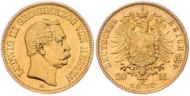 HESSEN, Ludwig III., 1848-1877, 20 Mark 1872 H.
 vz/st
J.214