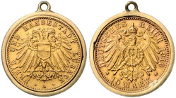 LÜBECK, Freie und Hansestadt, 10 Mark 1910 A im Anhänger eingefasst. 4,98g.
ss/vz
J.228