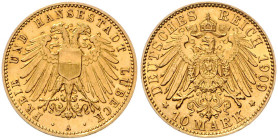 LÜBECK, Freie und Hansestadt, 10 Mark 1909 A.
f.st
J.228