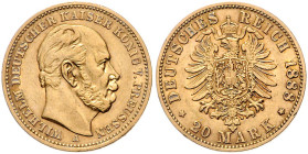 PREUSSEN, Wilhelm I., 1861-1888, 20 Mark 1888 A. 22,5mm; 7,93g.
Ware ist MwSt-befreit
VAT tax free
Rs.Stf., ss
J.246
